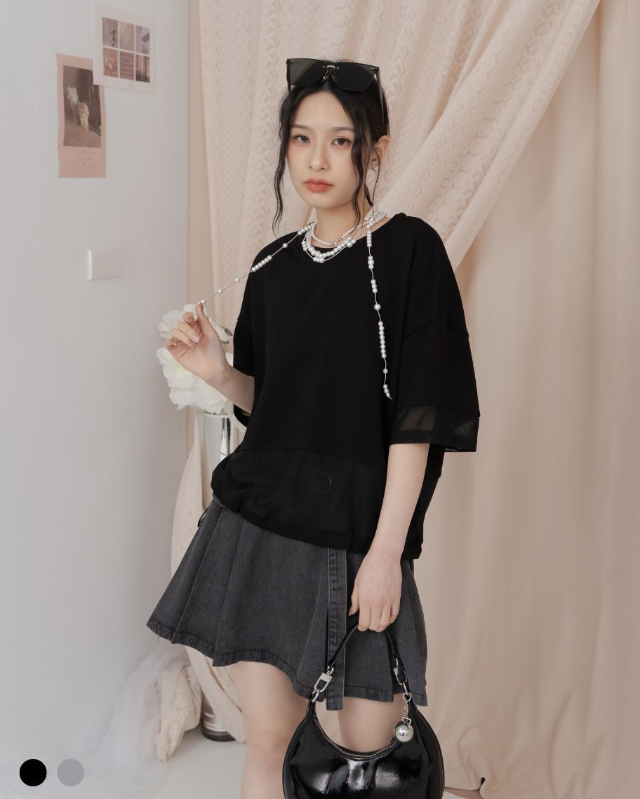 空氣棉拼紗抽繩上衣