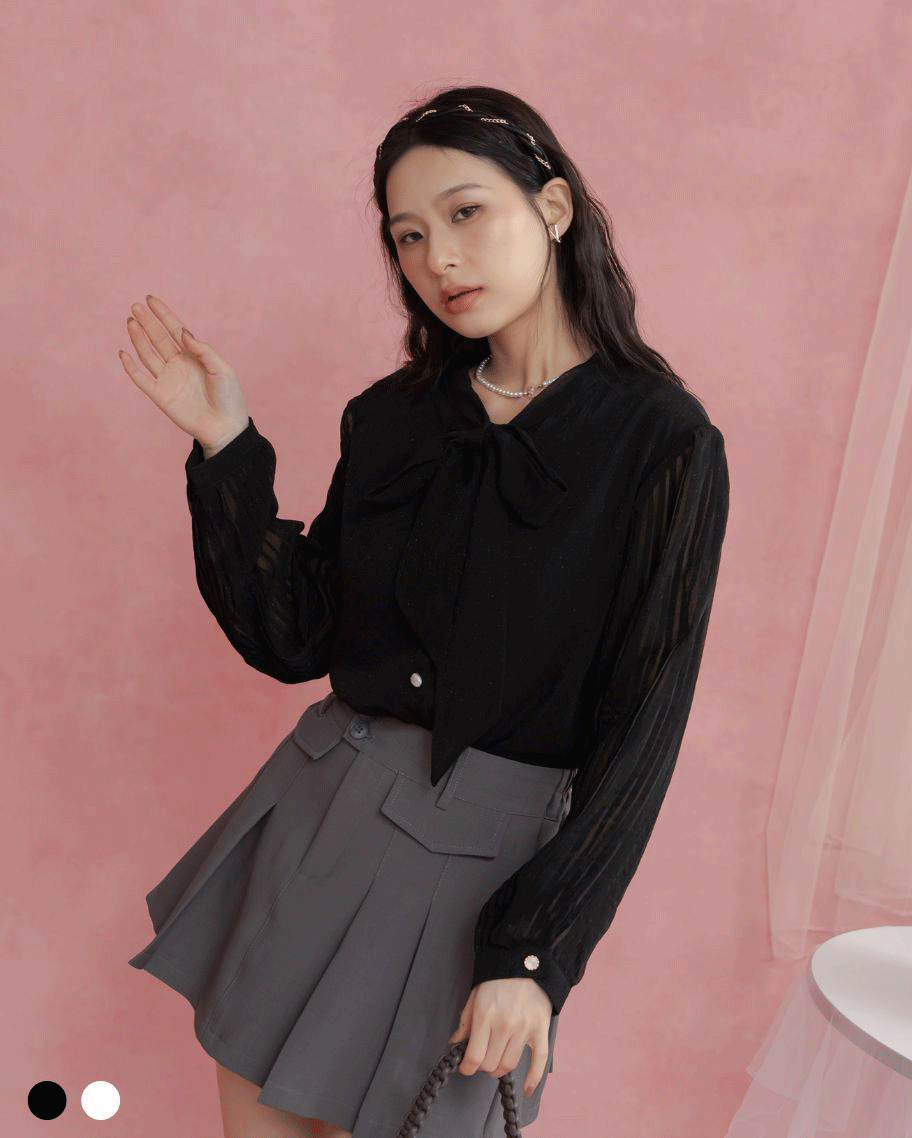 氣質壓褶綁帶透紗上衣