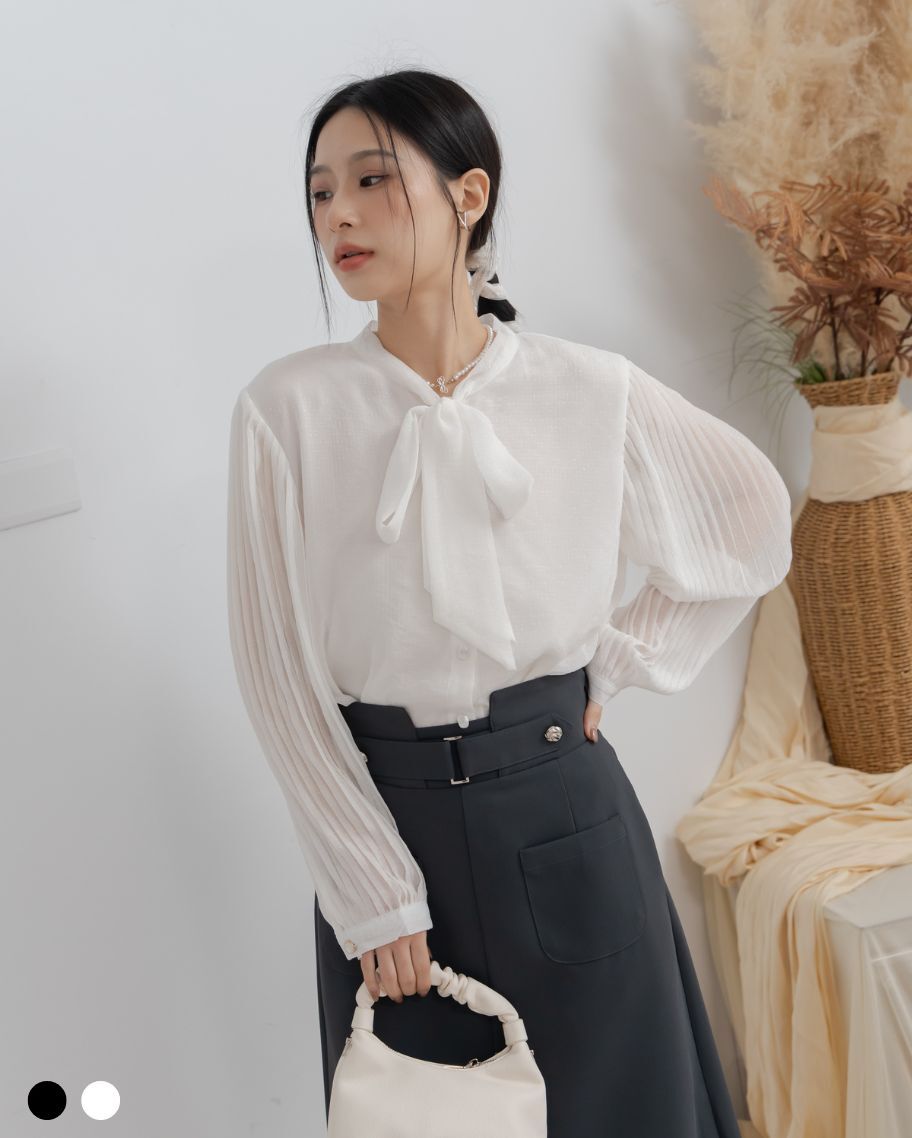氣質壓褶綁帶透紗上衣
