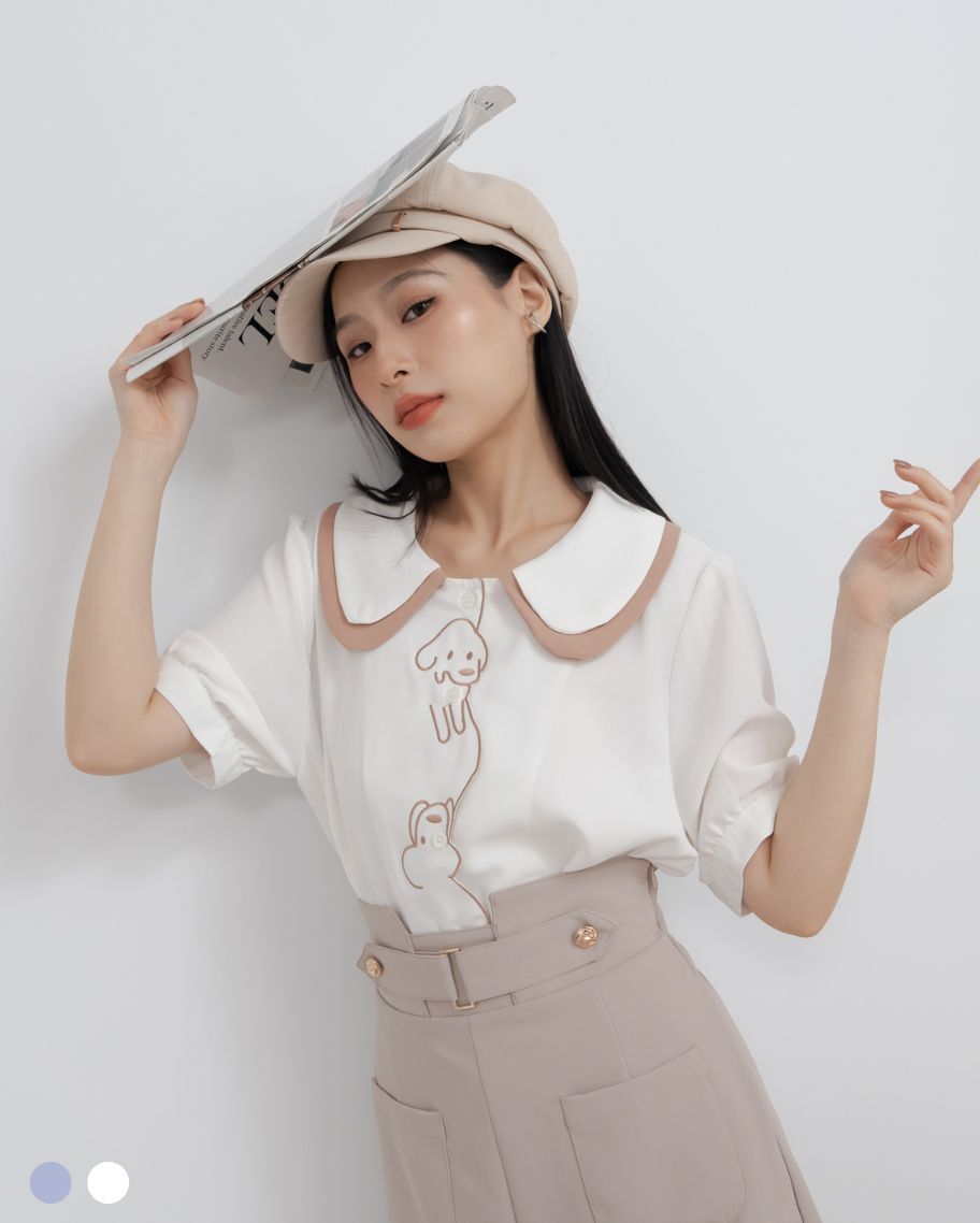 歡樂小狗刺繡撞色圓領上衣