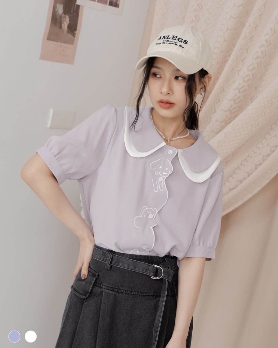 歡樂小狗刺繡撞色圓領上衣