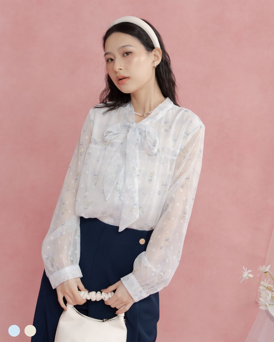 雪紡透紗碎花綁帶上衣