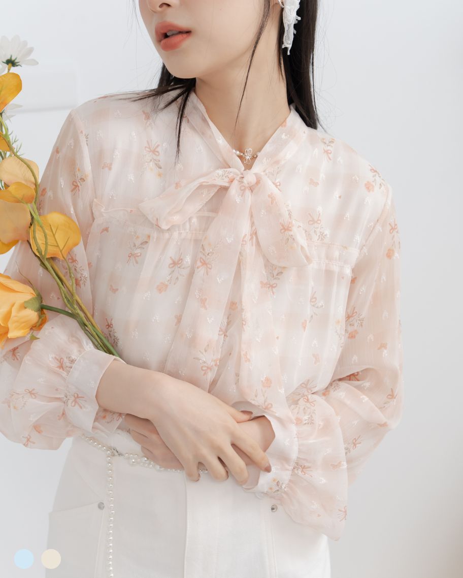 雪紡透紗碎花綁帶上衣