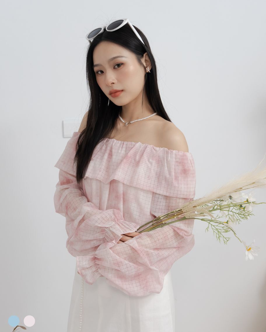 氛圍感水彩暈染荷葉領抓皺上衣