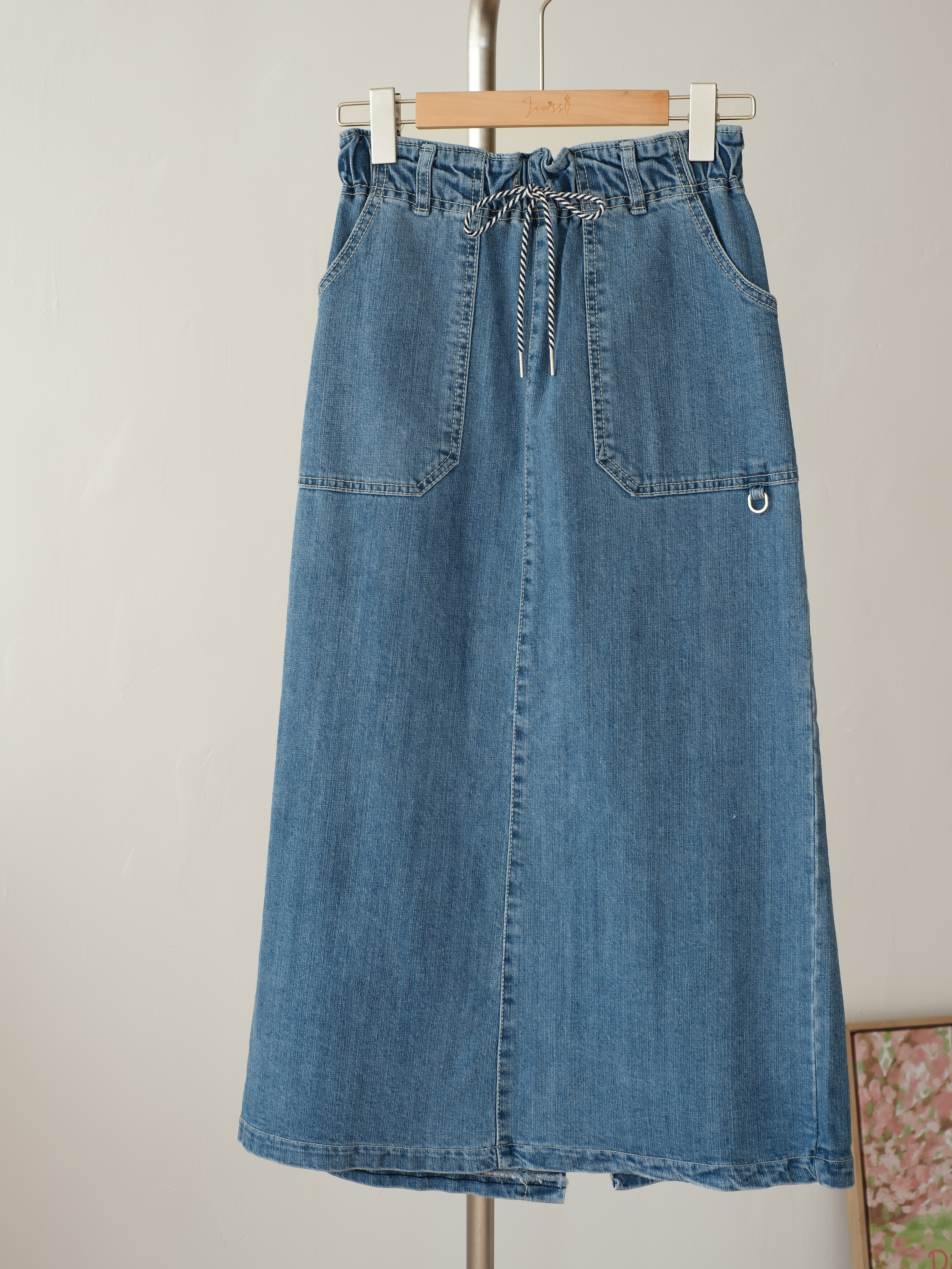 撞色抽繩後開叉牛仔裙 BT473