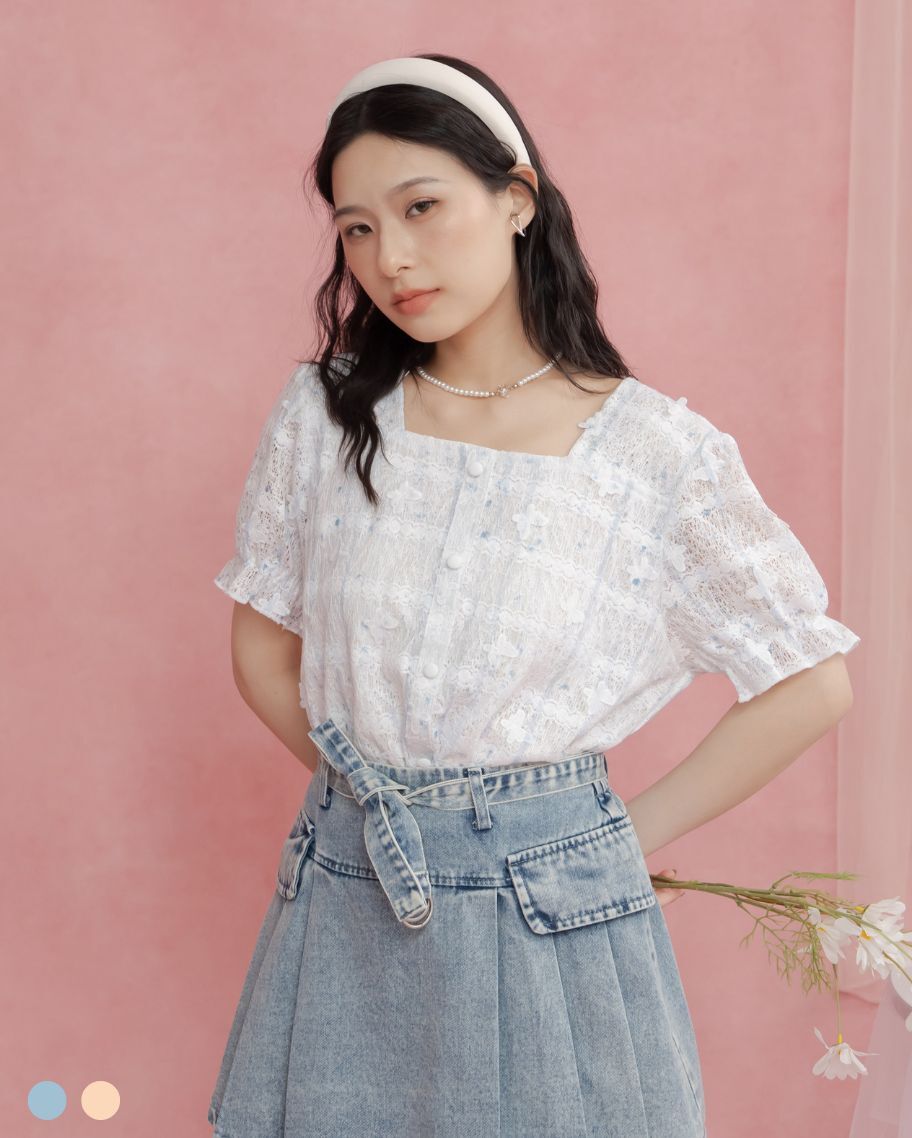 法式蝴蝶蕾絲方領上衣