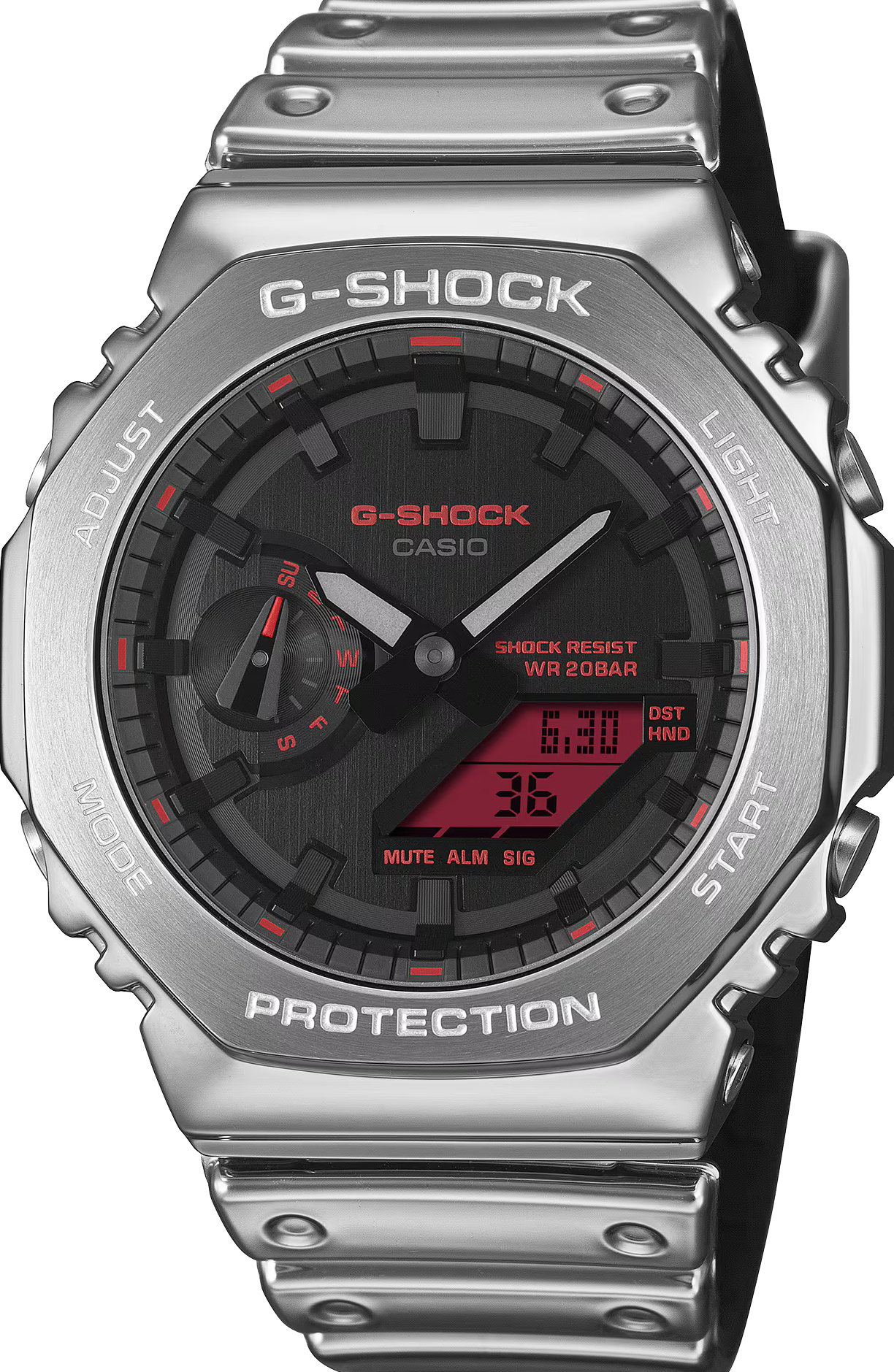 萬年鐘錶 - G-SHOCK    工業風八角金屬圈雙顯橡膠錶帶電子錶 GM-2100YRA-8A 錶徑 : 44.4 mm