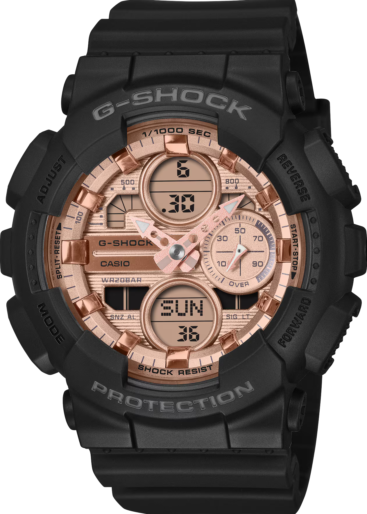 萬年鐘錶 - G-SHOCK WOMEN  閃耀時尚金屬錶盤雙顯電子錶 GMA-S140PG-1A 錶徑 : 45.9mm
