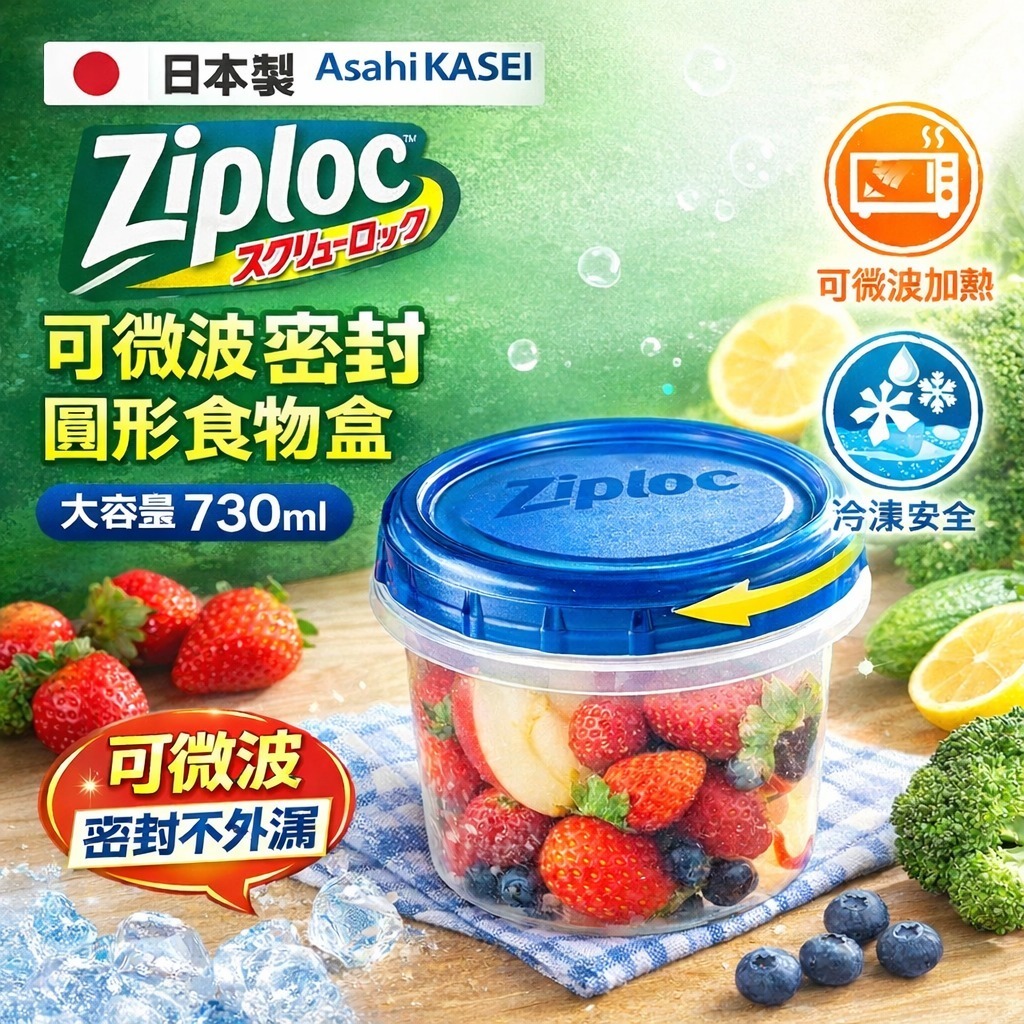 (現貨) 日本 Asahi Kasei Ziploc 可微波爐密封圓形食物盒 730ml
