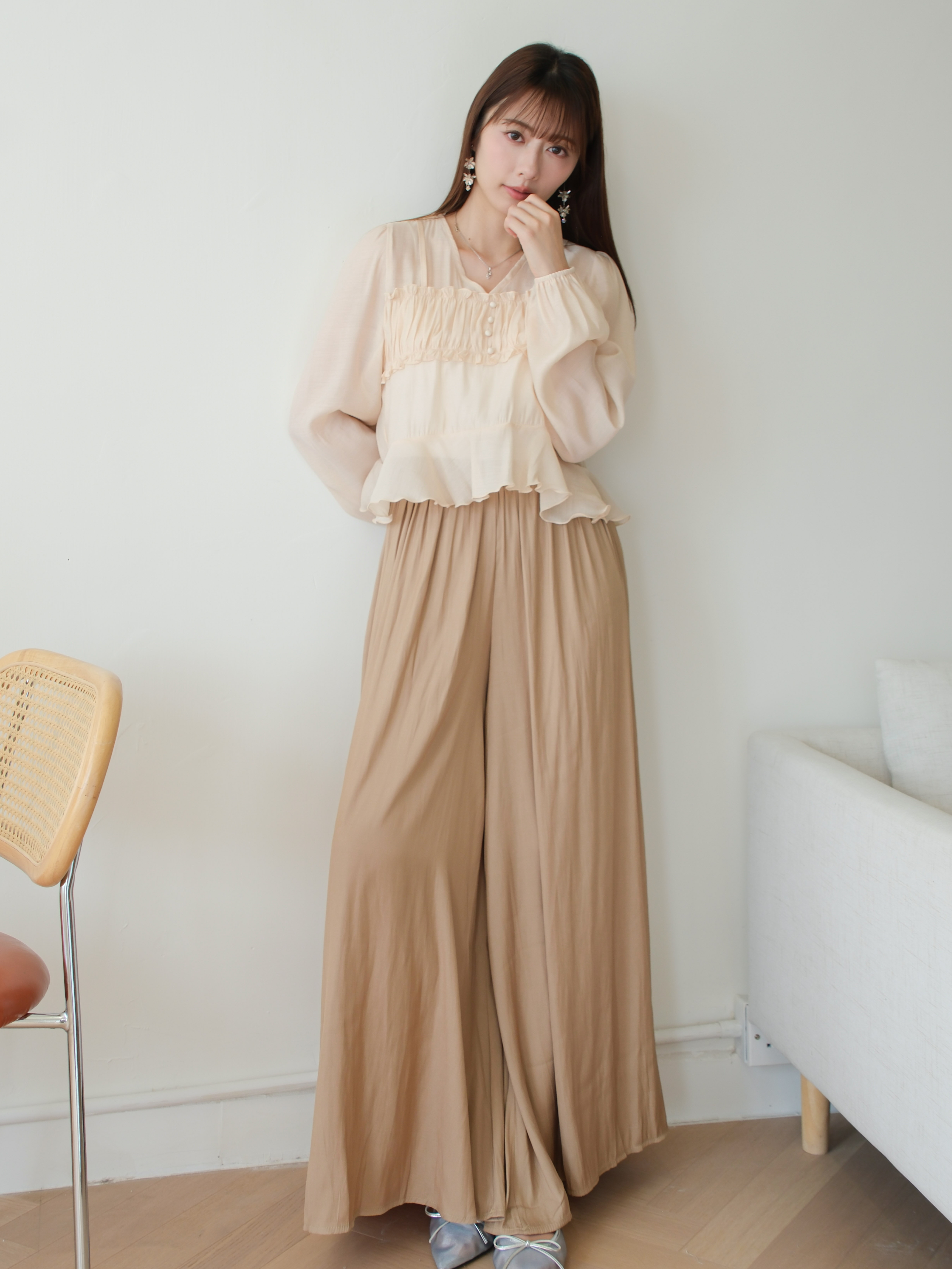 有袋！微光澤彈性腰百搭寬褲 BT475