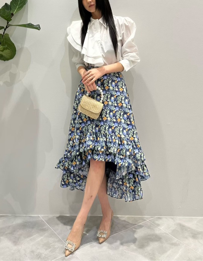 前短印花荷葉長裙