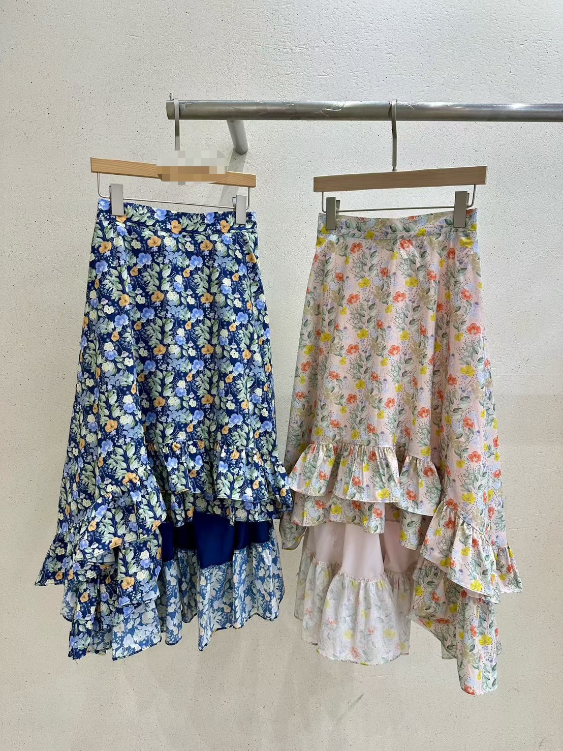 前短印花荷葉長裙