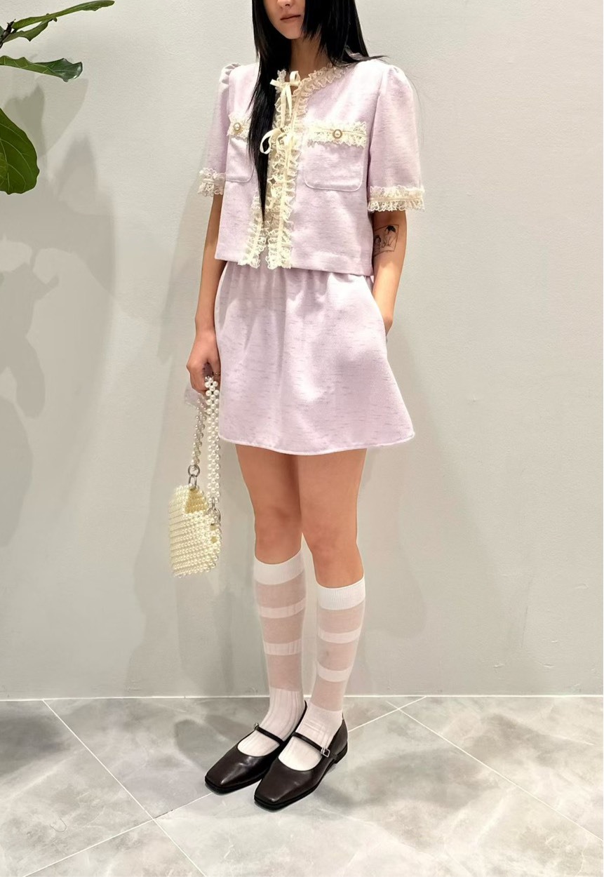 蕾絲短袖綁帶香風外套 短裙(分售)