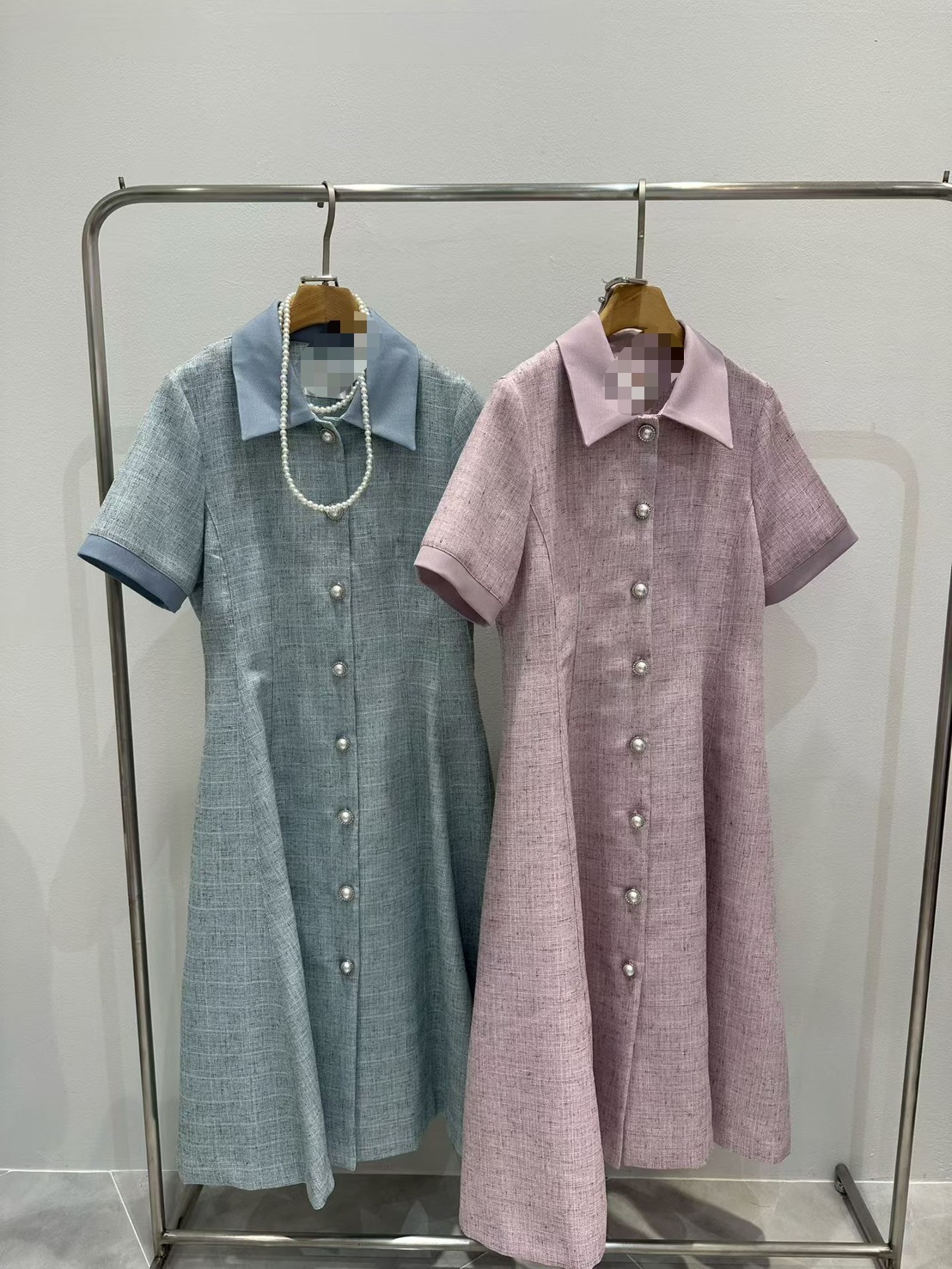 珍珠短袖小香腰帶長洋裝