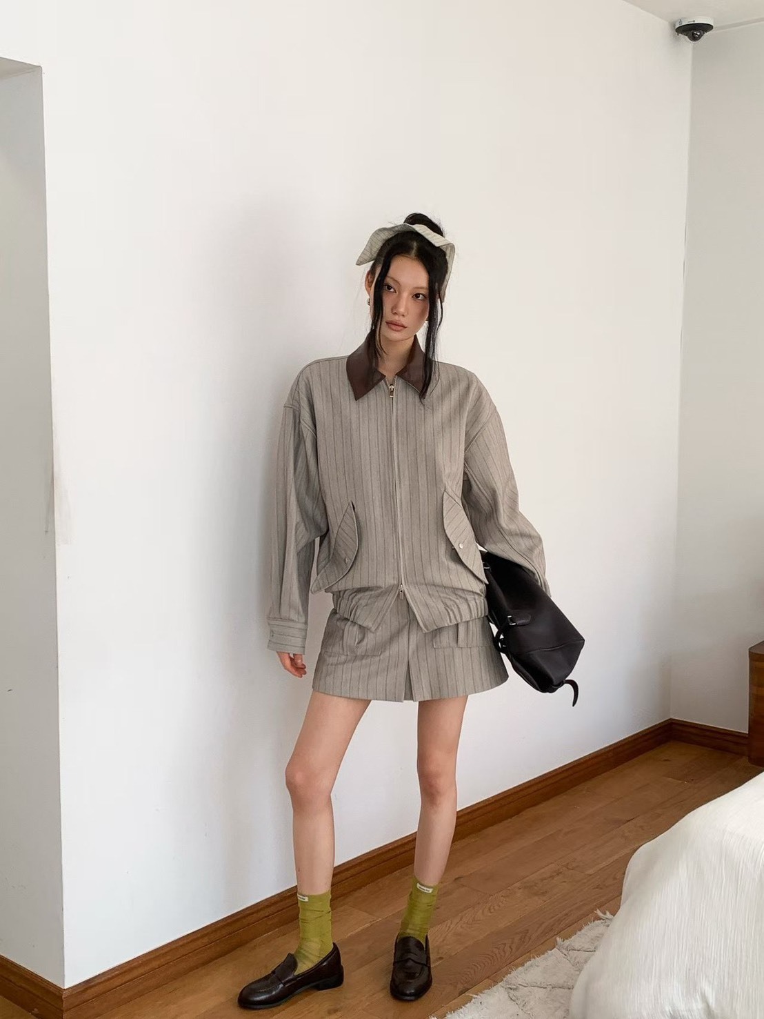 皮領直線夾克 短裙褲(分售)