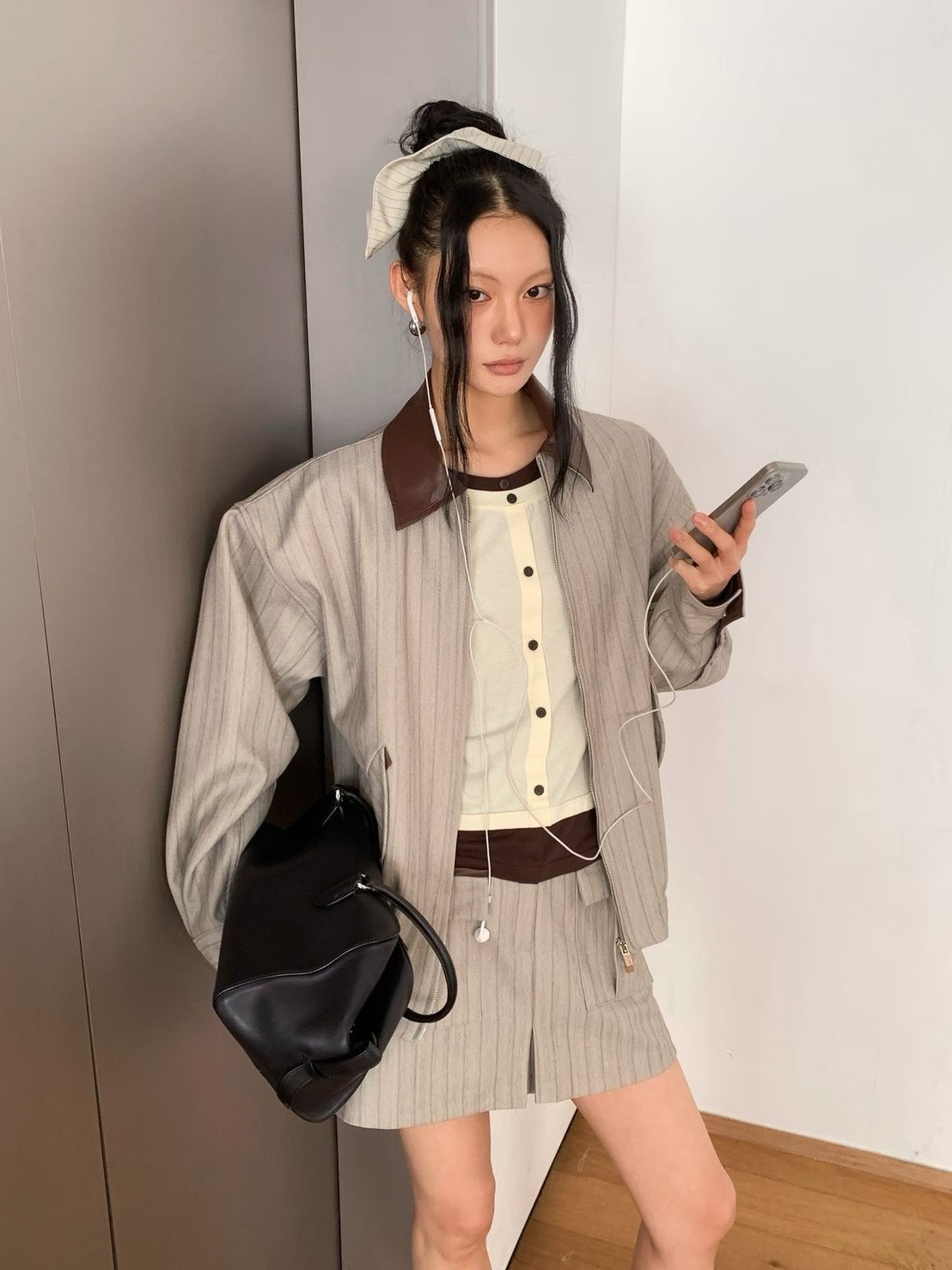 皮領直線夾克 短裙褲(分售)