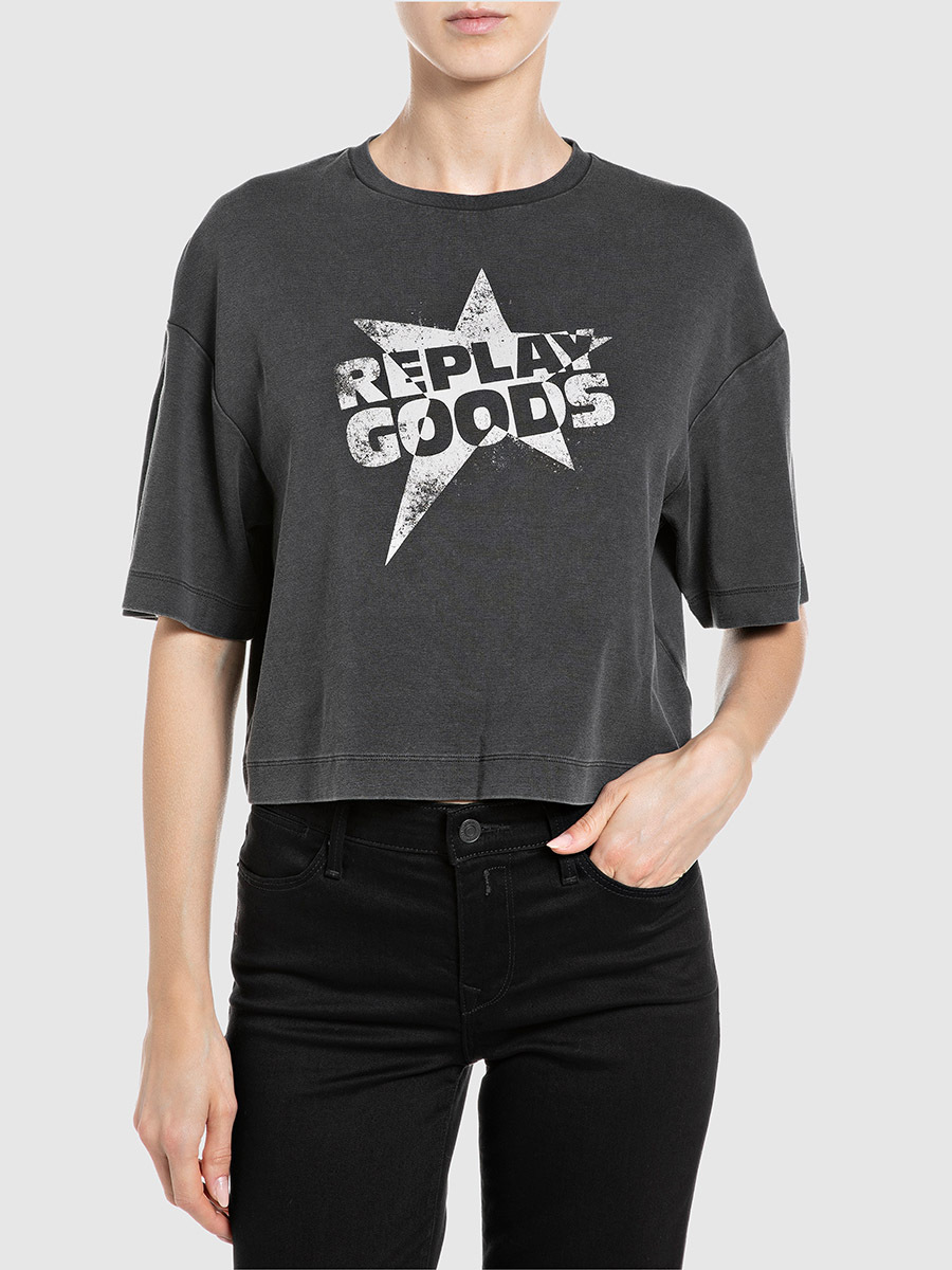 黑色短版oversized 文字印花T-shirt