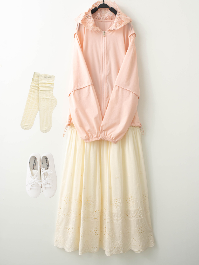 蕾絲連帽剪接輕薄夾克下擺繡花棉長裙組合