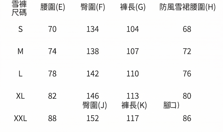 【TAOTECH】3L全拉鏈寬鬆硬殼滑雪衣_尺寸參考