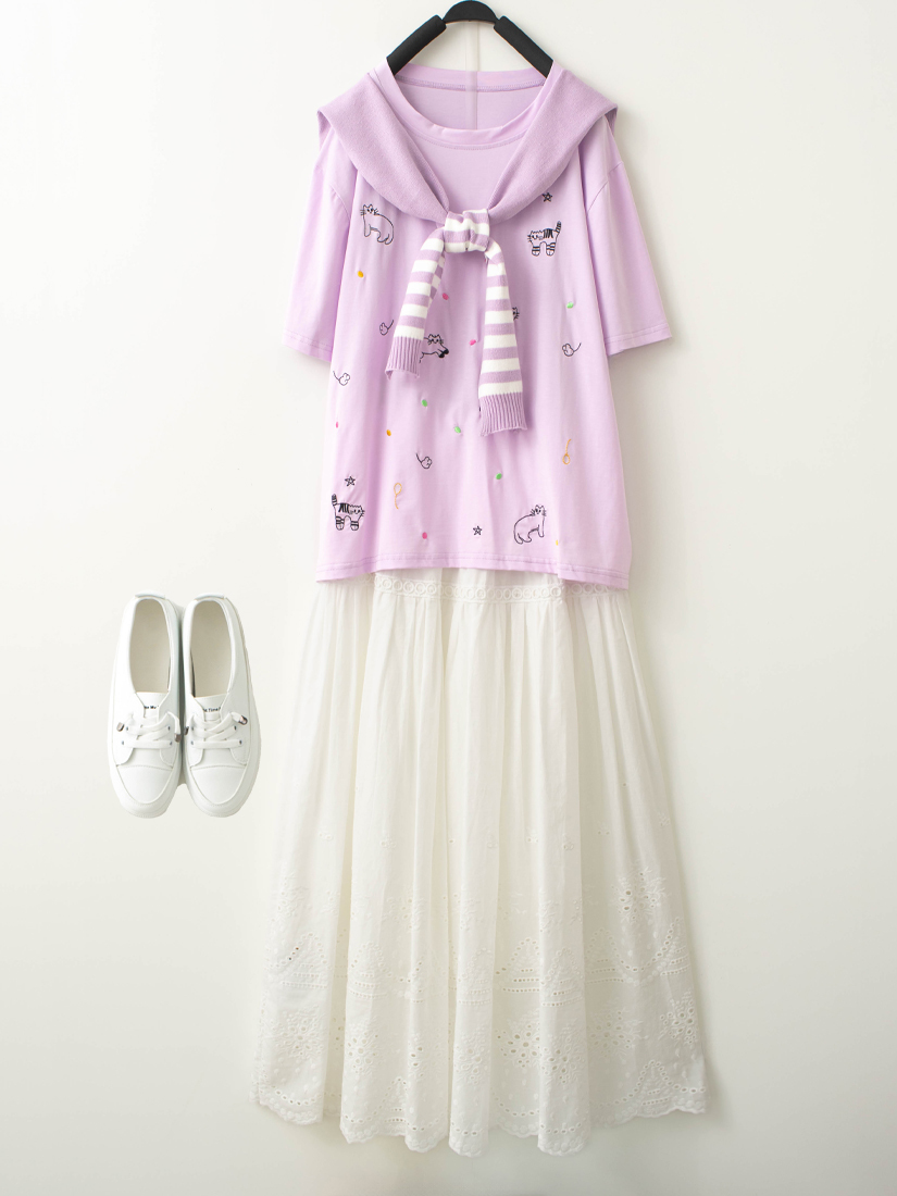 貓咪刺繡上衣蕾絲織帶下擺繡花棉長裙組合
