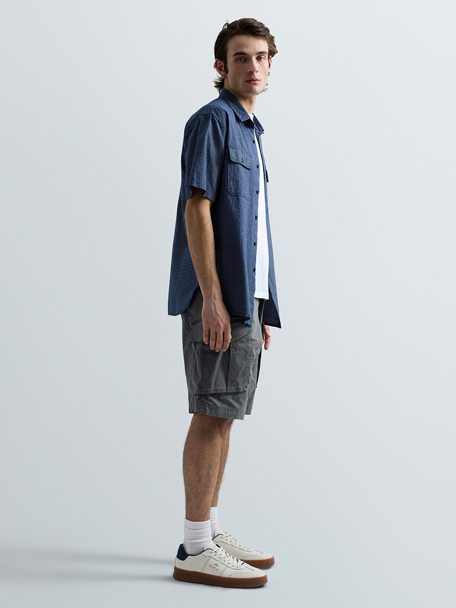 深藍色格紋純棉襯衫