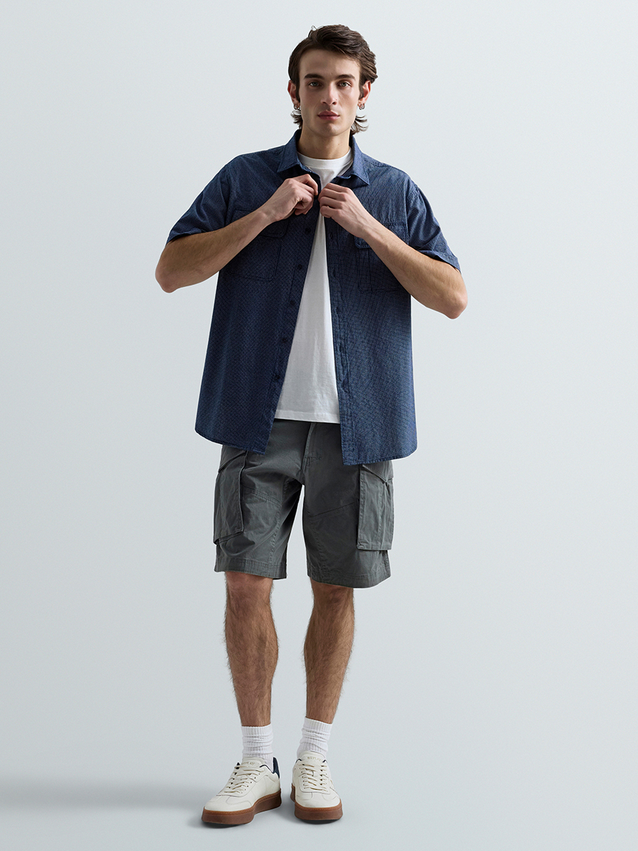 深藍色格紋純棉襯衫