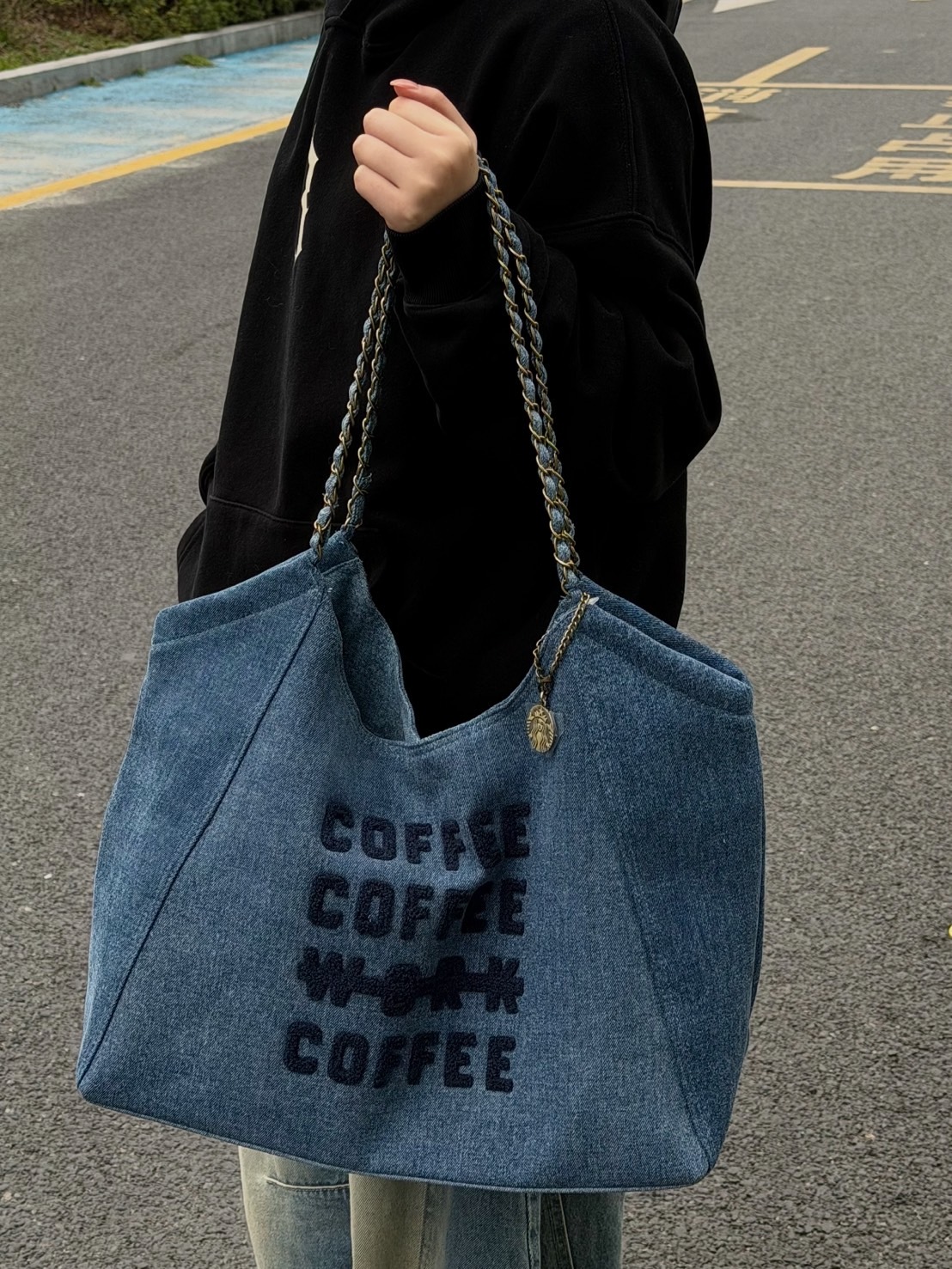 國外超限量 星巴克 韓系COFFEE WORK 丹寧鏈條托特包