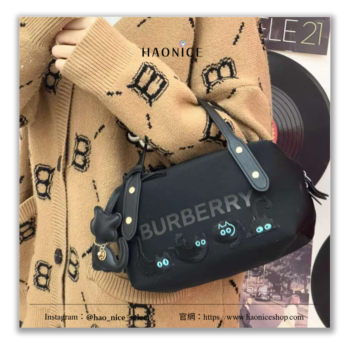 【HAO NICE】藝術訂製款🎨 Burberry 貓咪派對🎉 黑貓 皮革化妝包 手提包 收納包
