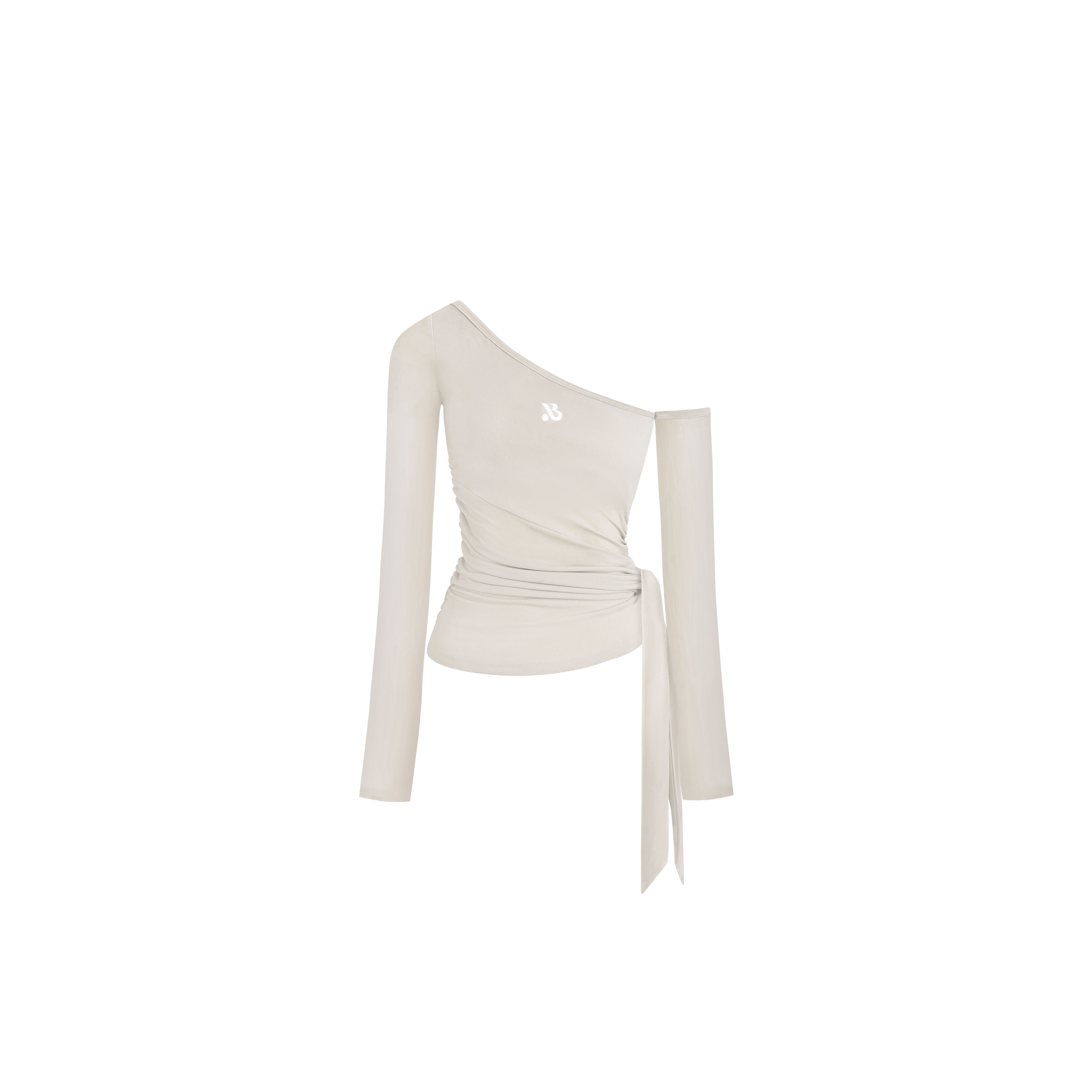 斜肩綁帶修身上衣 - 霧米灰