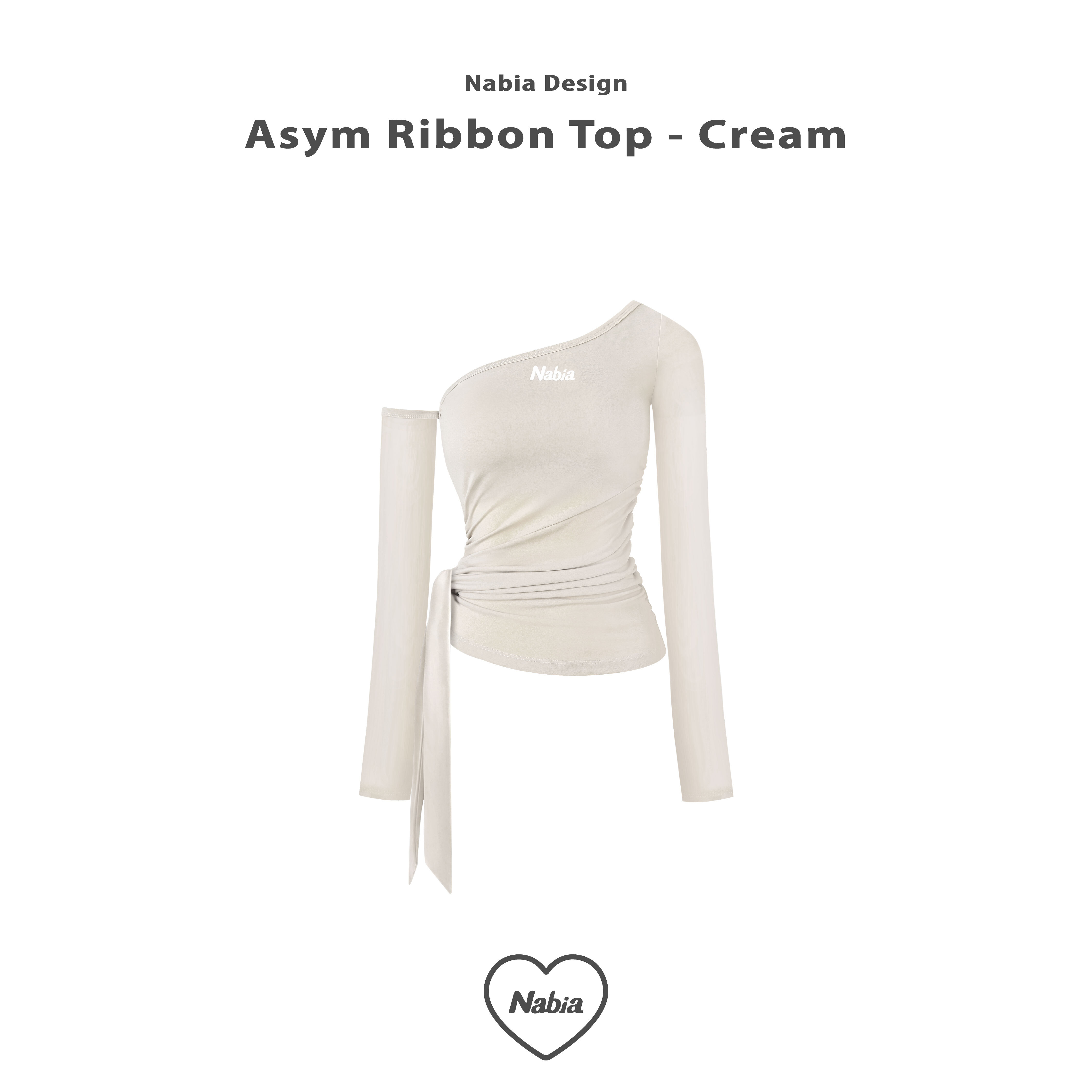 斜肩綁帶修身上衣 - 霧米灰