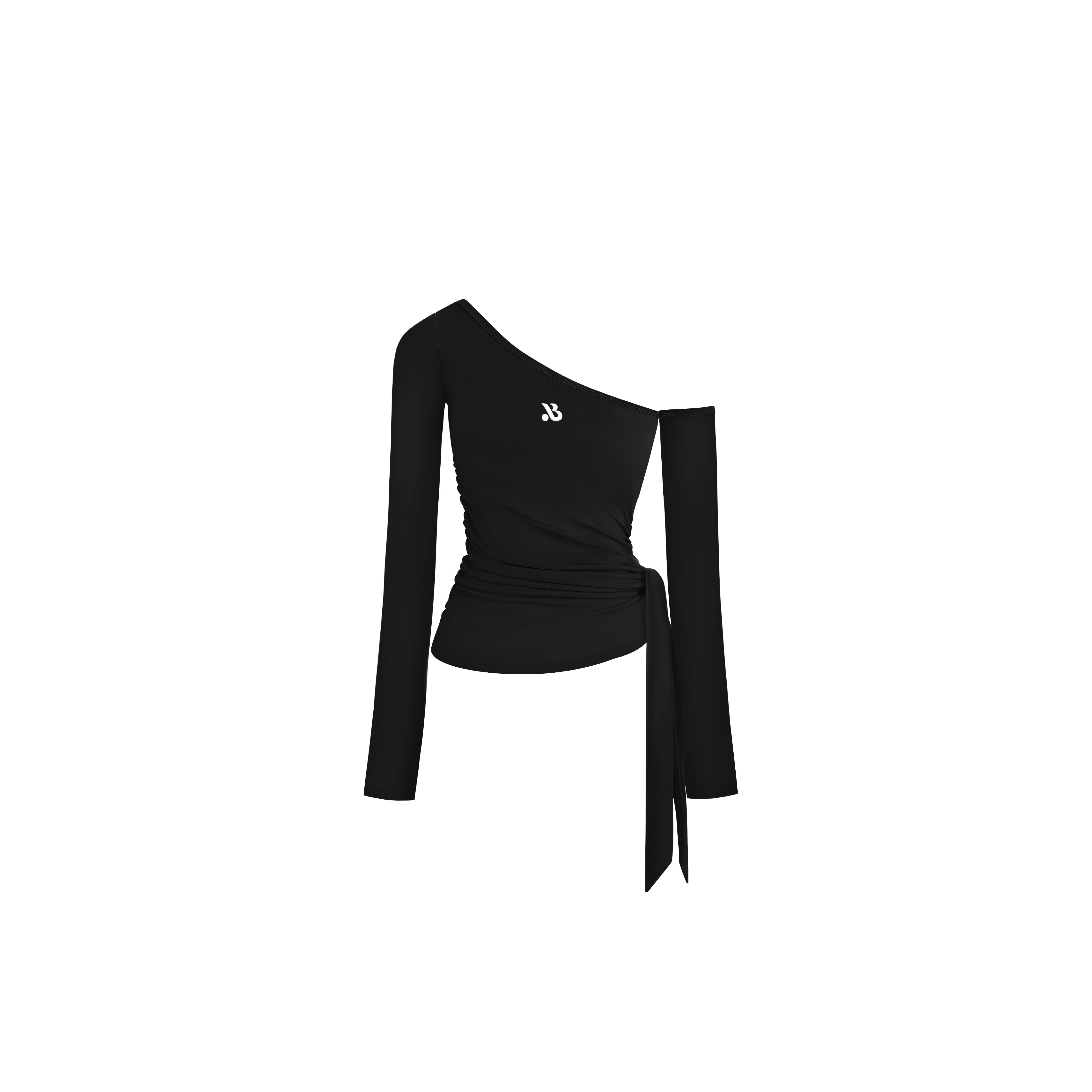 斜肩綁帶修身上衣 - 經典黑
