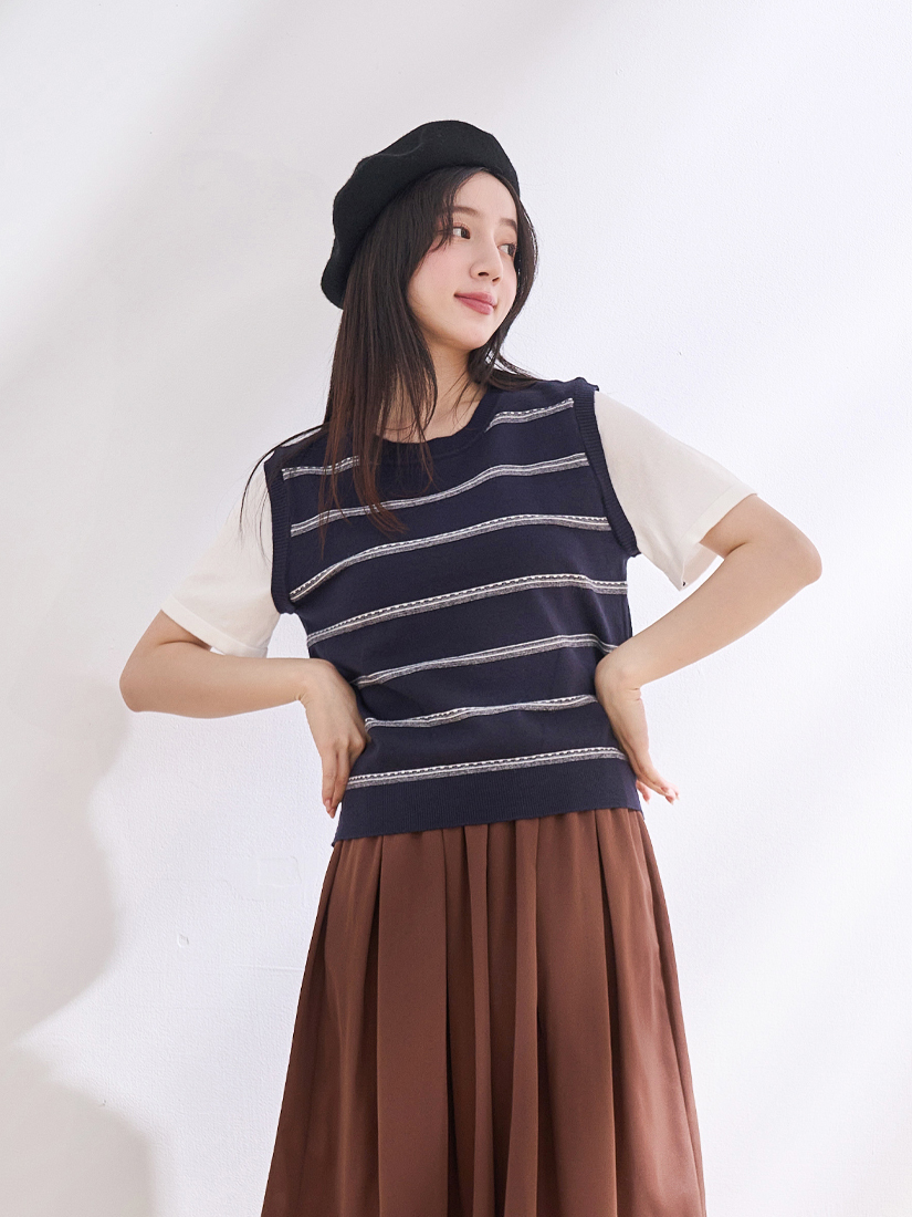 棉柔針織條紋上衣鬆緊腰綁帶六分褲裙組合