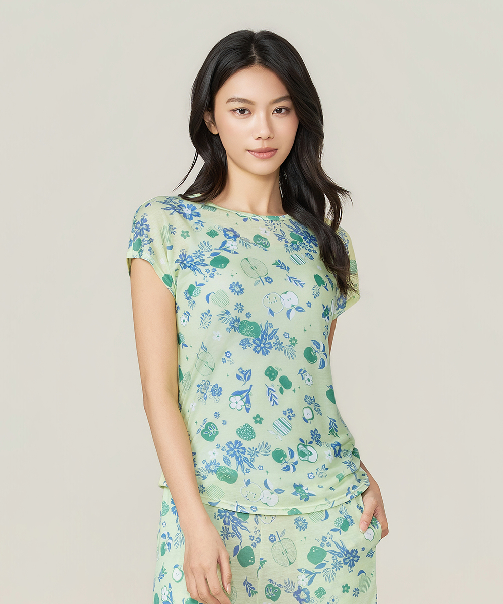 自由空間-天絲印花 細滑柔順女蓋袖圓領衫 UE021326