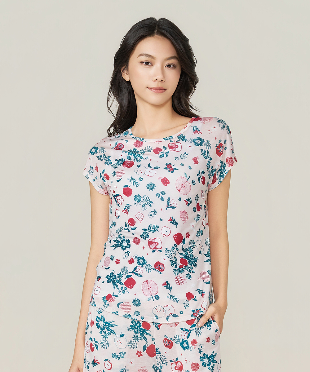 自由空間-天絲印花 細滑柔順女蓋袖圓領衫 UE021326