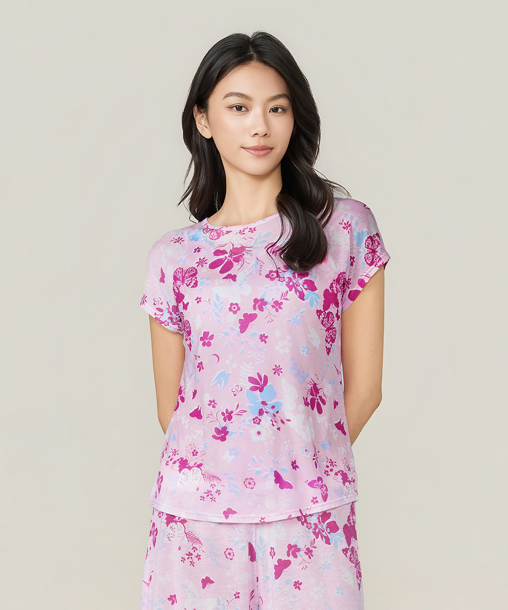 自由空間-天絲印花 細滑柔順女蓋袖圓領衫 UE021326