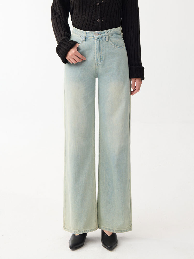 高腰水洗闊腿直筒牛仔褲