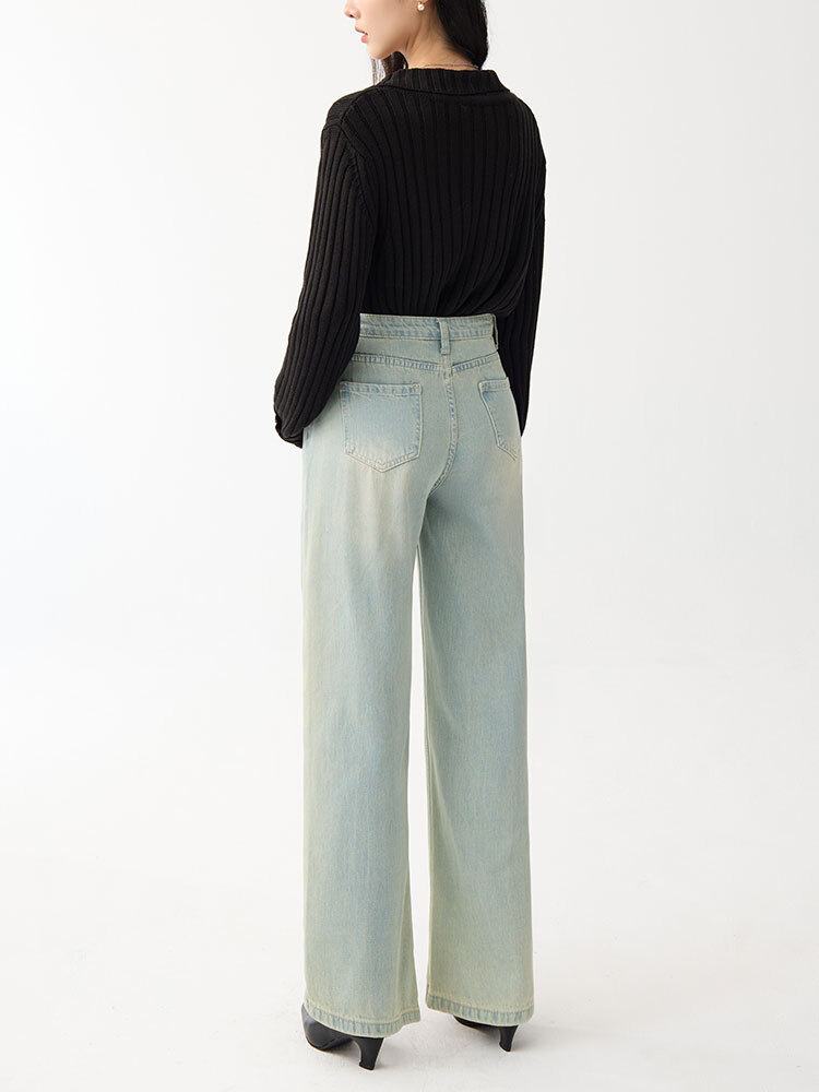 高腰水洗闊腿直筒牛仔褲
