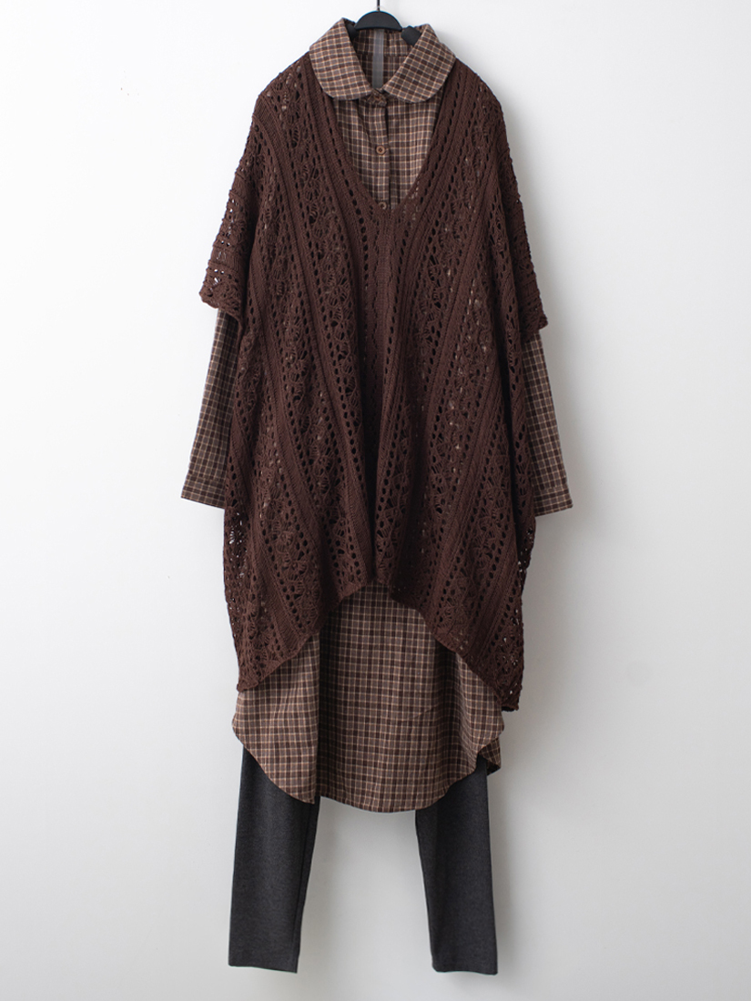 簍空提花針織罩衫格紋半開襟洋裝組合