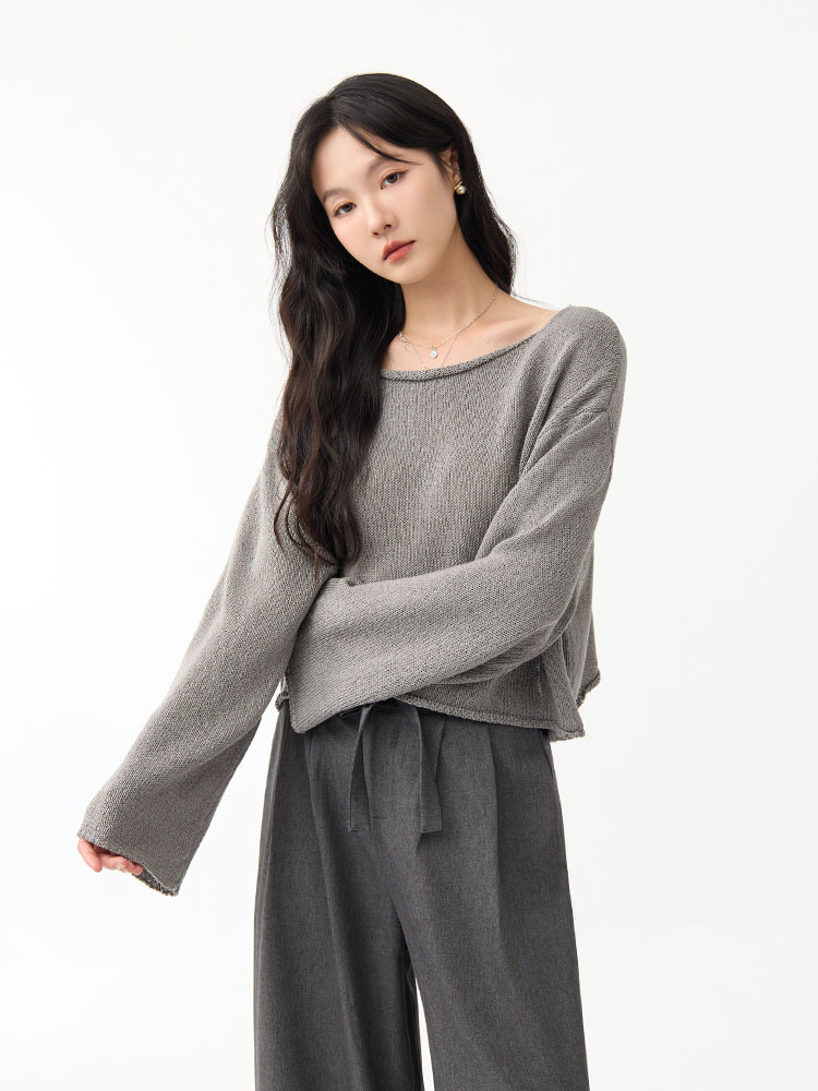 OH!HER 韓系卷邊一字領針織上衣