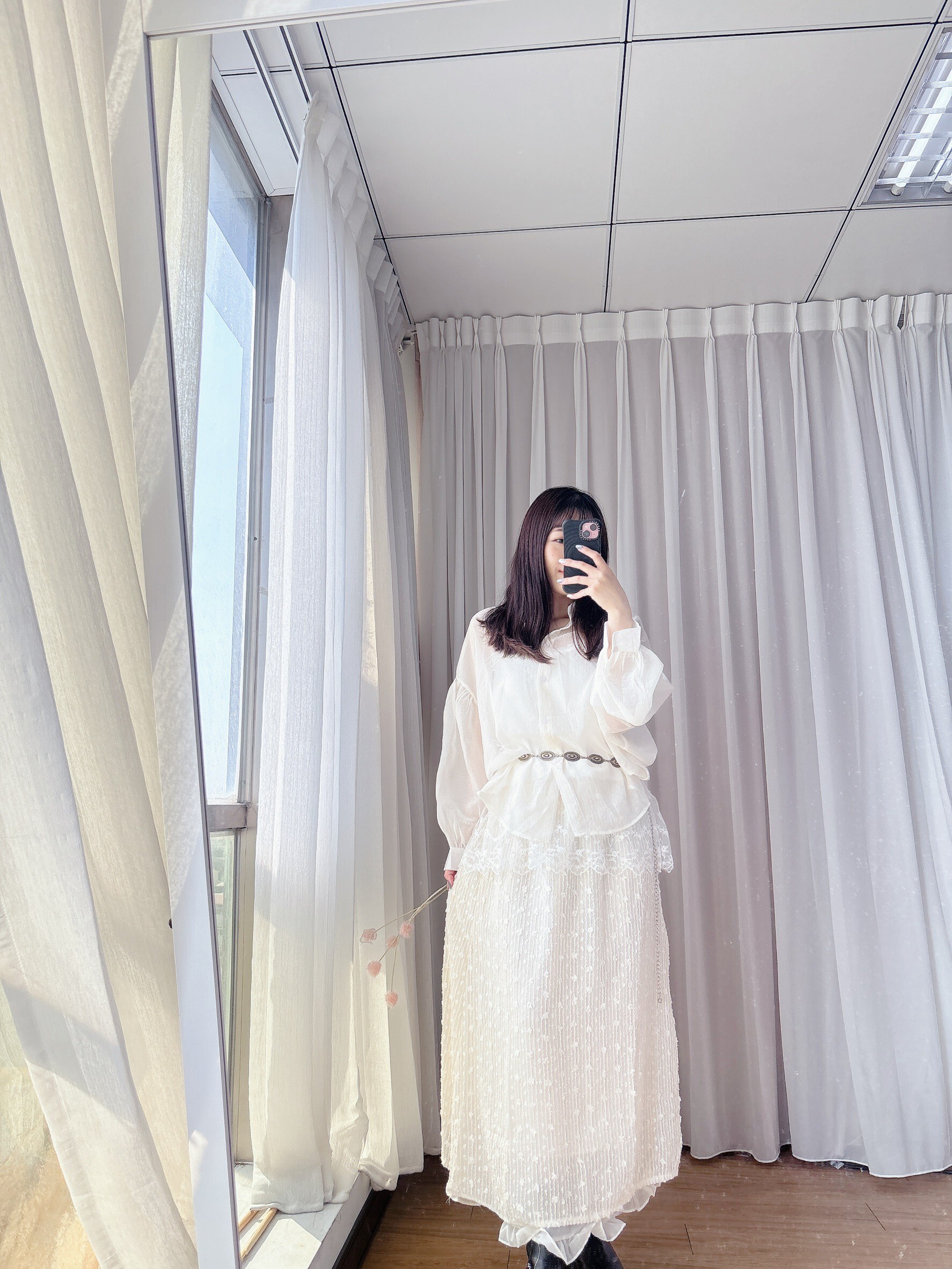 細閃直條雙層捲邊長裙