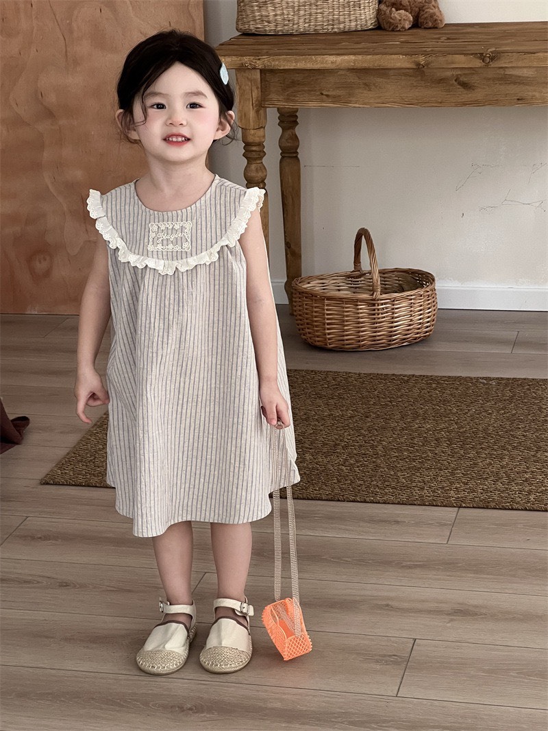 荷葉領條紋無袖洋裝