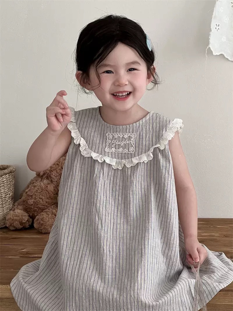 荷葉領條紋無袖洋裝