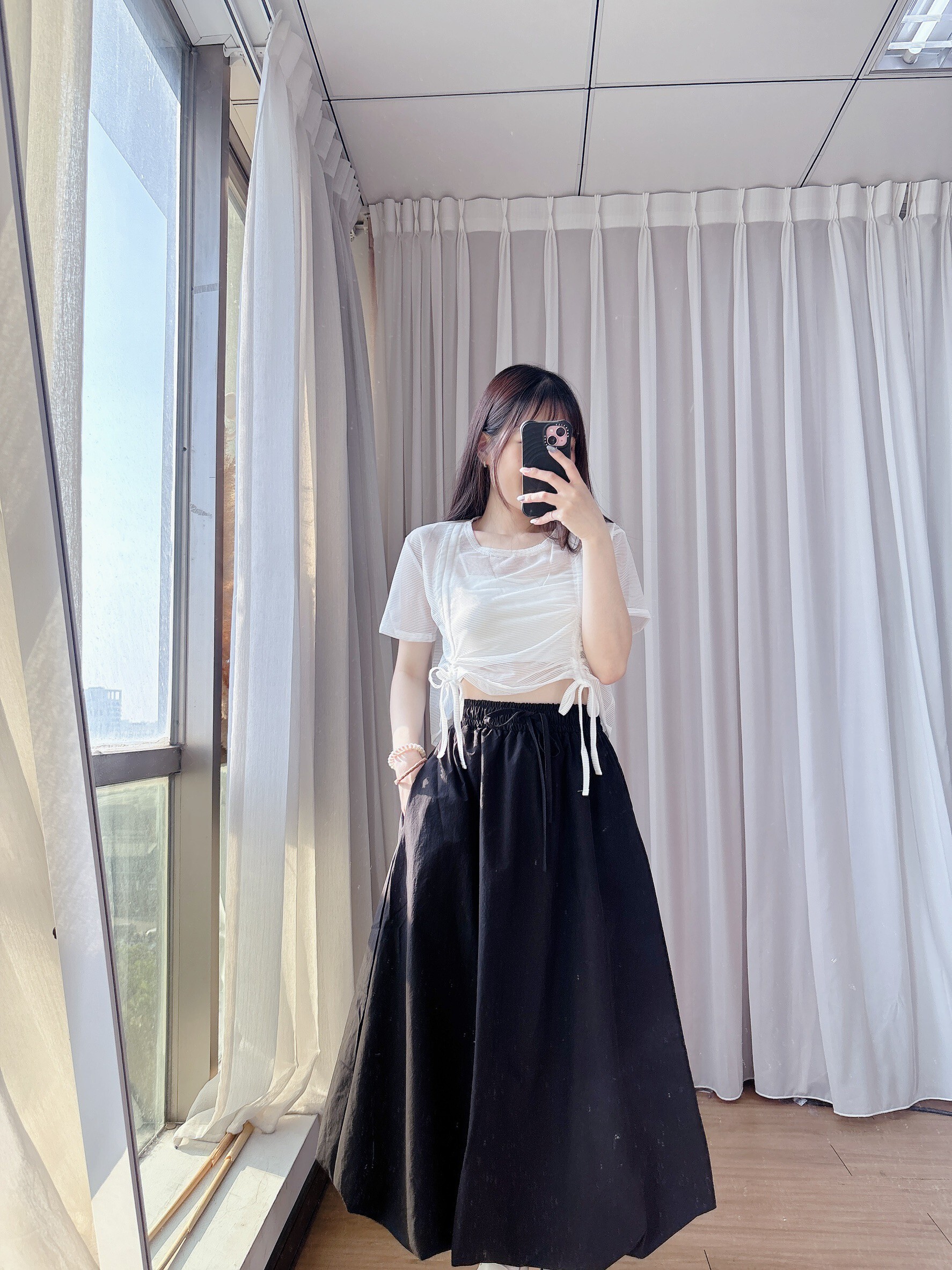 透膚橫條短袖抽繩上衣