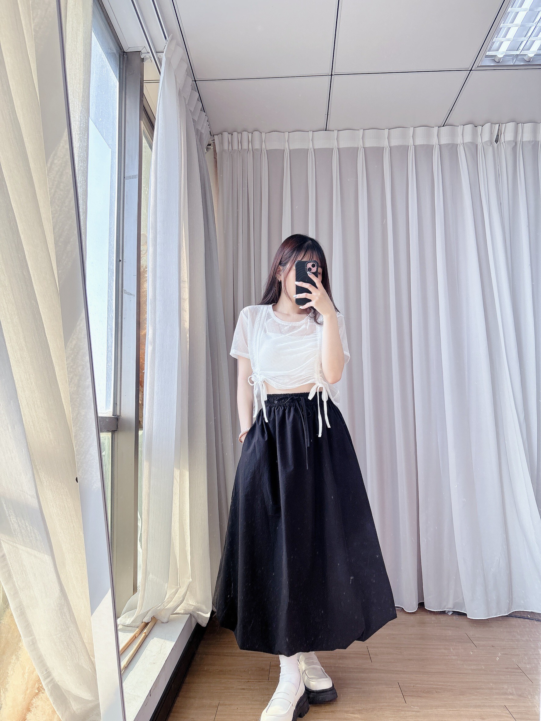 透膚橫條短袖抽繩上衣