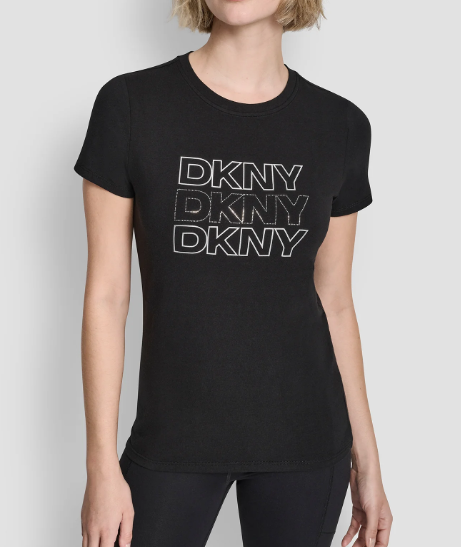 [S] DKNY BLACK TRIPLE RHINESTONE FOIL LOGO TEE, DP6T1651-BLK (SD1643)