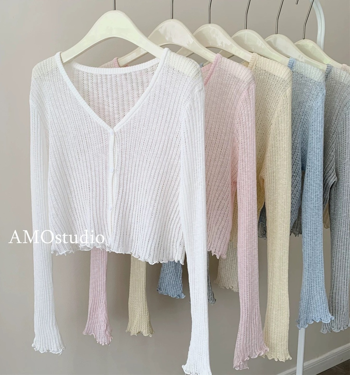 捲邊簍空針織小罩衫