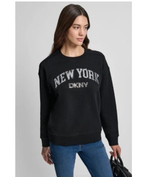 [S] DKNY BLACK/SILVER RHINESTONE STUD LOGO CREW NECK SWEATSHIRT, DJ5T1436-BSV (SD1810)