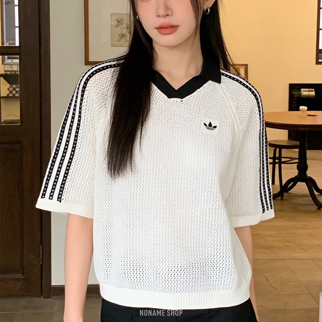 ADIDAS CROCHET POLO 編織 網眼 短版 寬鬆 POLO衫 短袖 白色 (女款)