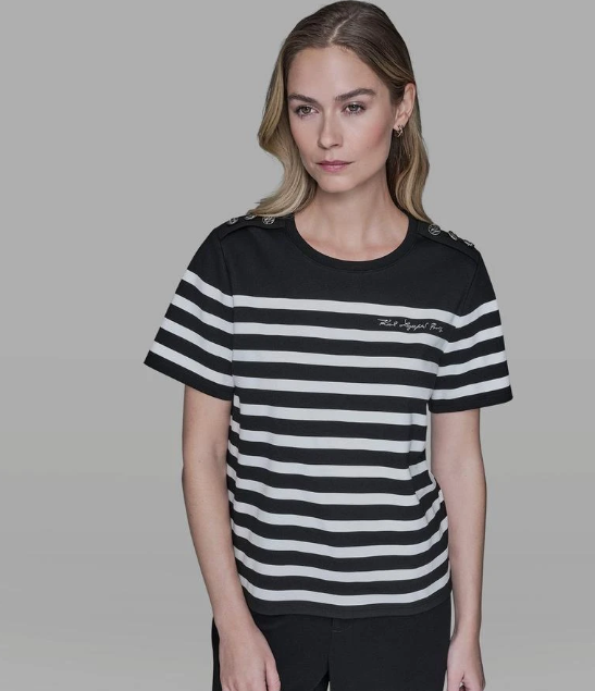 [S] KARL LAGERFELD BLACK/SOFT WHITE SHORT SLEEVE STRIPED KARL TEE, L5KHZB31-H6W (SKL1561)