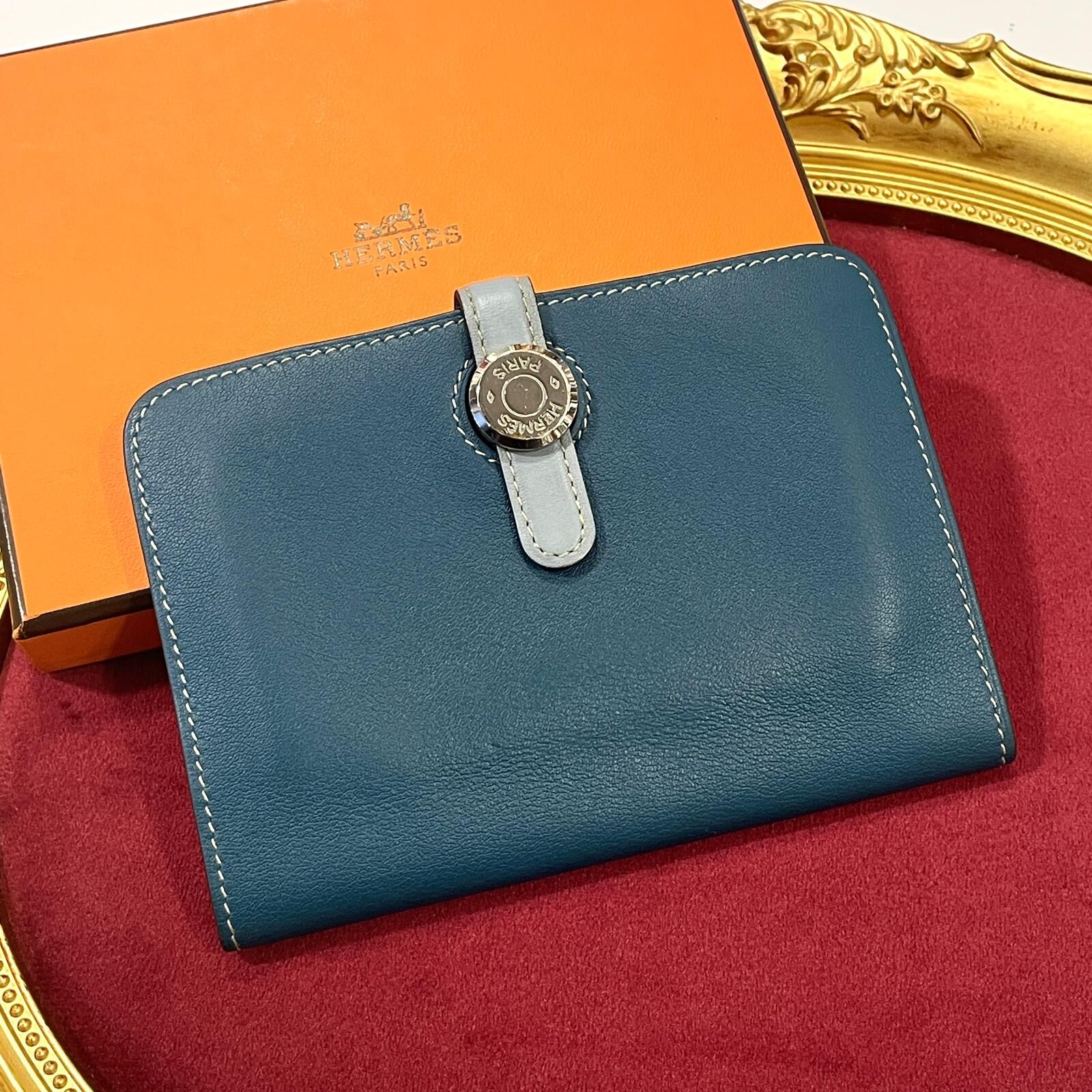 95%NEW二手HERMES短銀包/卡片套 DOGON COMPACT WALLET SWIFT PHW 藍色銀扣TC皮 #香榭站正品